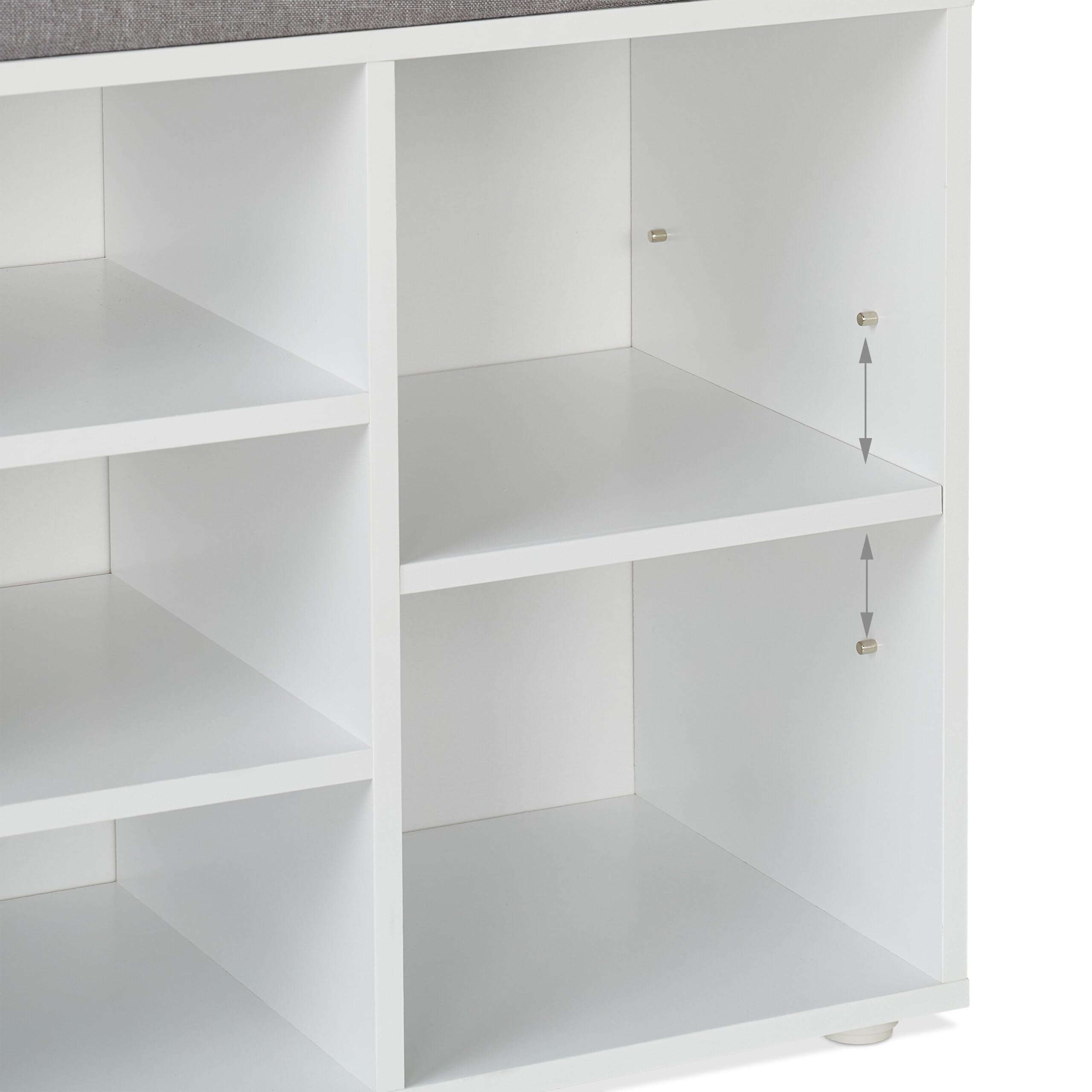 Relaxdays Banco Zapatero con Asiento, 15 Cajones, Tapizado, Pasillo o Entrada, Descalzadora, 48x105x30 cm, Blanco/Gris