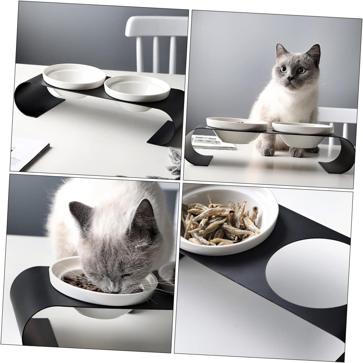Totority Elevated Ceramic Cat Bowl with Iron Rack Double Bowl Design for Food and Water Easy to Owners Black White
