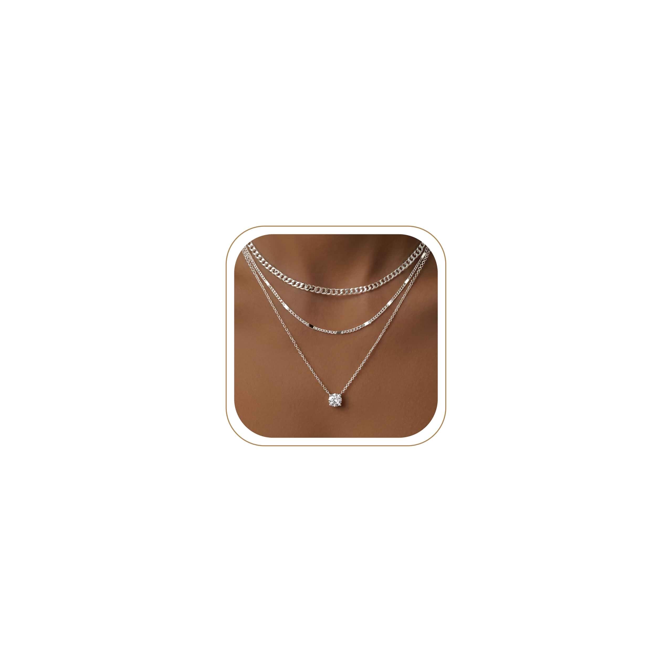 WomenGifts Layered Gold Necklaces for Women, 14K Gold Sterling Silver Plated Dainty Pendant Necklace Set Non Tarnish, Chunky Stackable Cuban Chain Choker, Trendy Birthstone Vacation Jewelry Gift