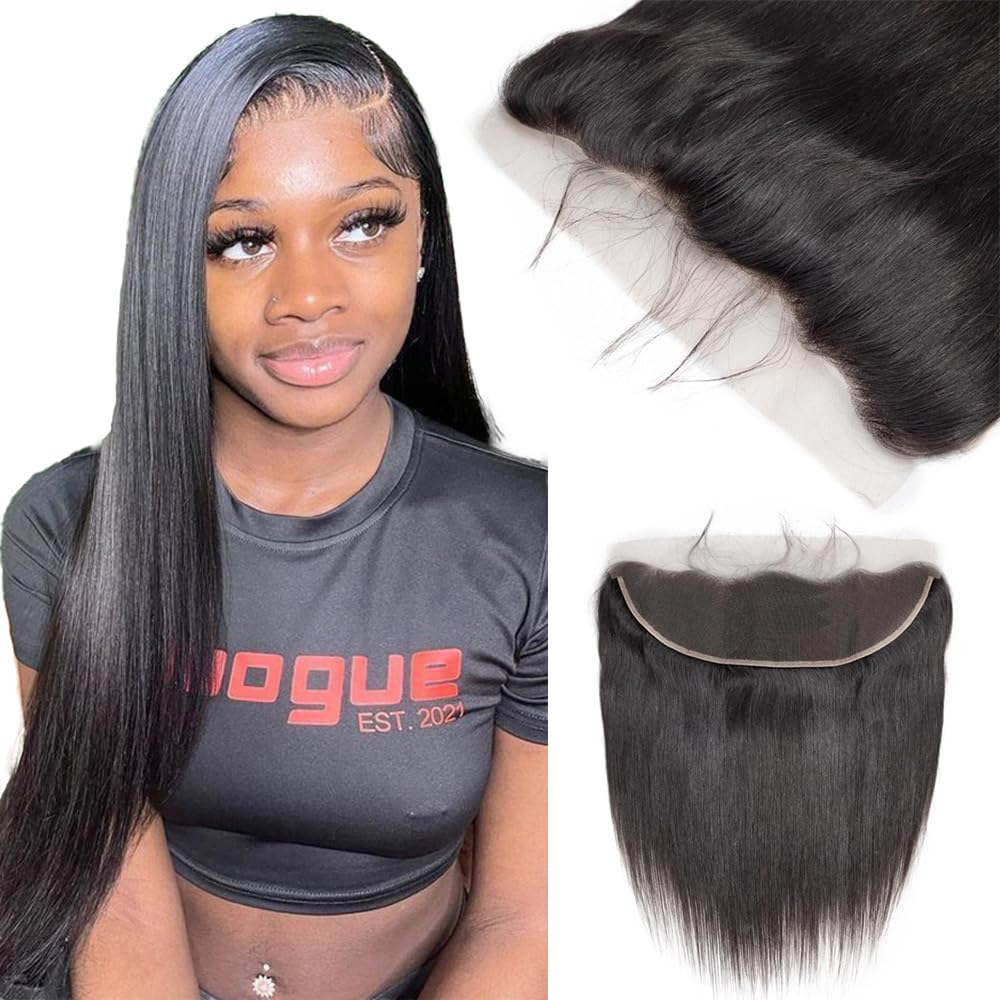 HEREAL 13x6 Lace Frontal Human Hair 14 Inch Straight 12A Grade Brazilian Virgin Human Hair Frontal HD Lace Pre Plucked with Baby Hair 150% Density Natural Black Color
