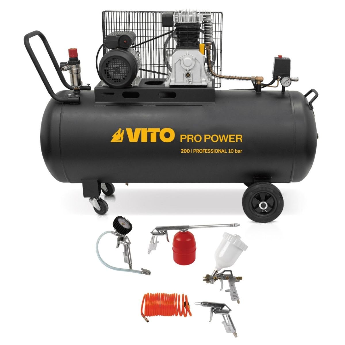 VITO - Compressore d'aria 200 l 10 bar 3 kW 400 l/min + 5 utensili pneumatici Kit completo gonfiaggio soffiaggio vernice garage officina
