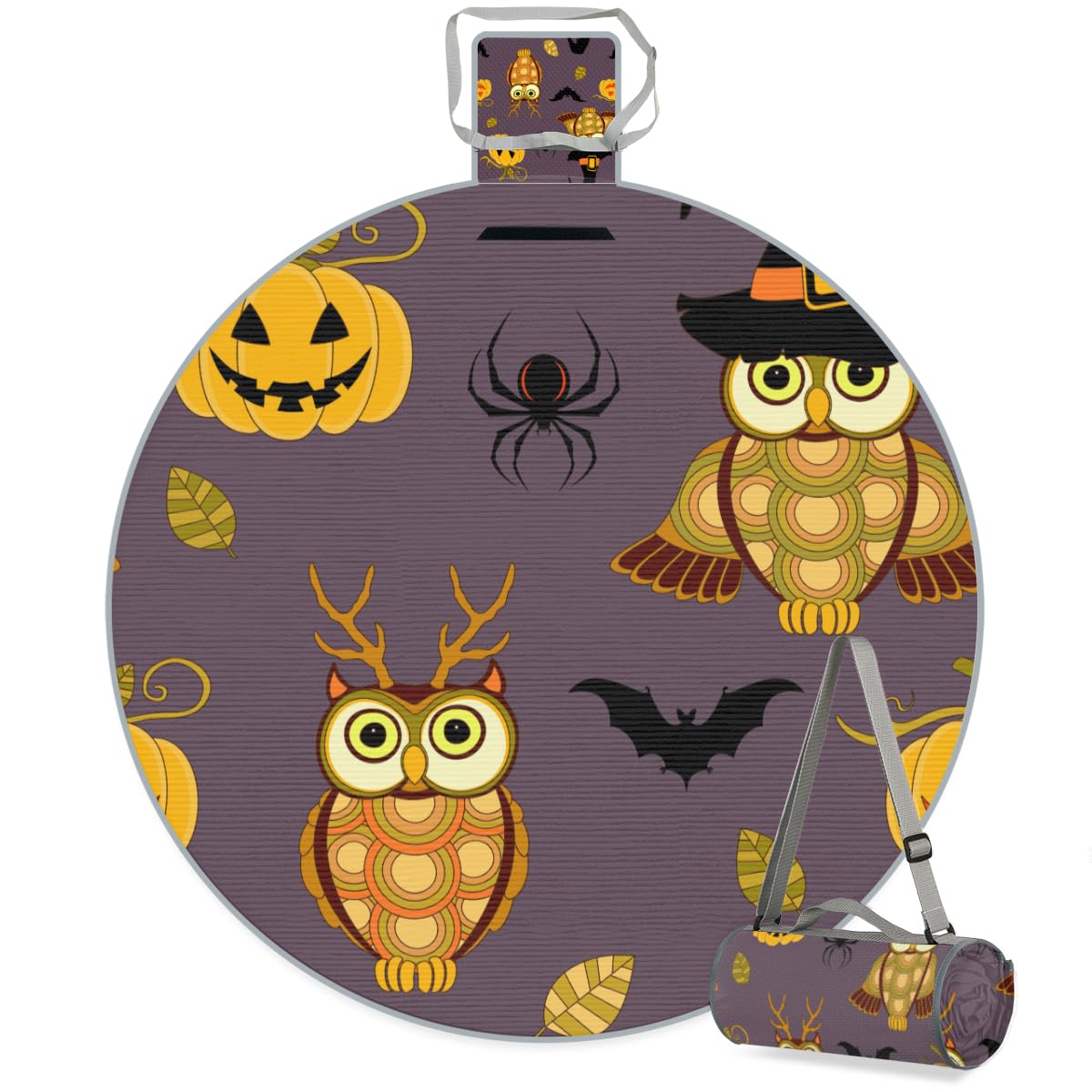 Shimoshe Cartoon Owl Bat Pumpkin Print Picnic Outdoor Blanket Foldable Waterproof Sandproof Beach Blanket Portable Water-Resistant Round Picnic Mat for Travel Camping Park Lawn