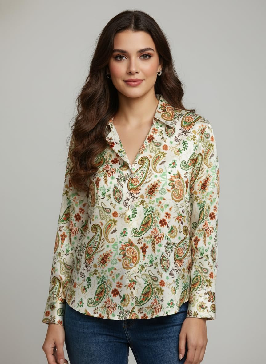 ANNI Designer Bedrucktes Damenhemd aus Baumwollmischgewebe, langärmelig, normale Passform, Kragen, legere Bürokleidung, elegante Western-Kleidung für den Alltag, Hochzeit, Party