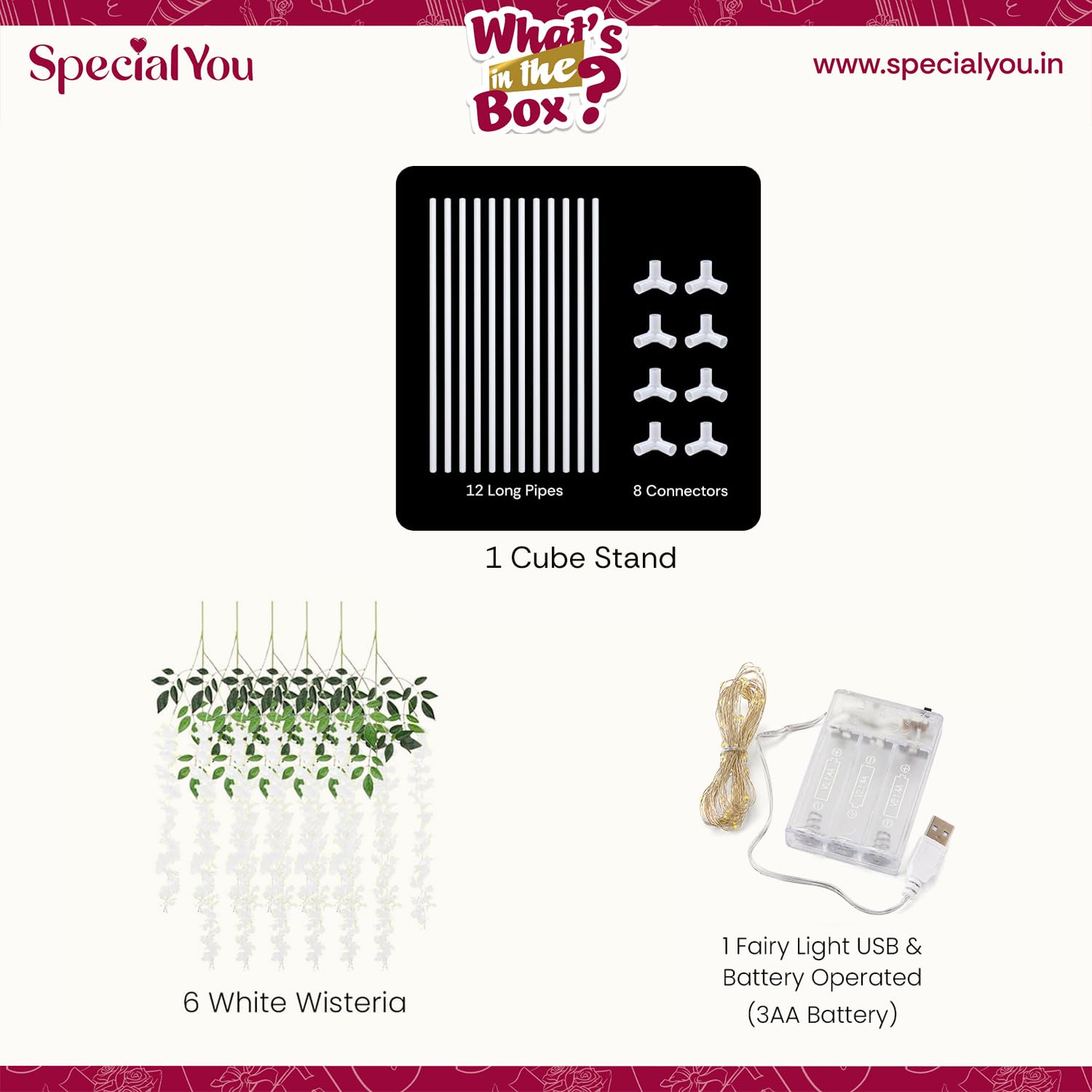 SpecialYou® Diwali Decoration for Home & Navratri Decoration Items with PVC Cube White Stand for Backdrop, 3Mtr Light & 6 White Wisteria, Diwali Decor Lights - 8 Pcs — Amazon image 2