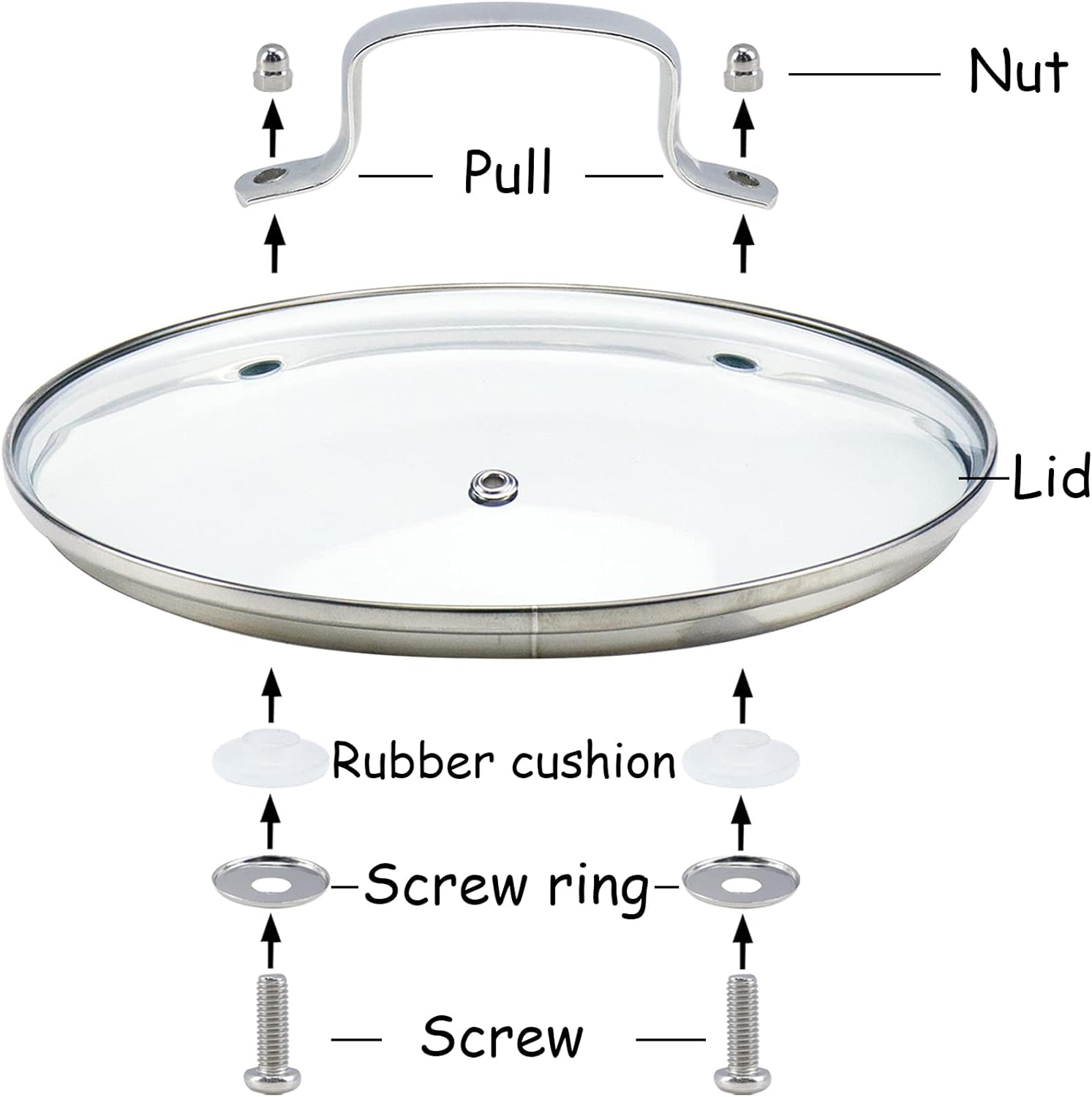 Exploded View of a Glass Lid with Steel Handle Assembly