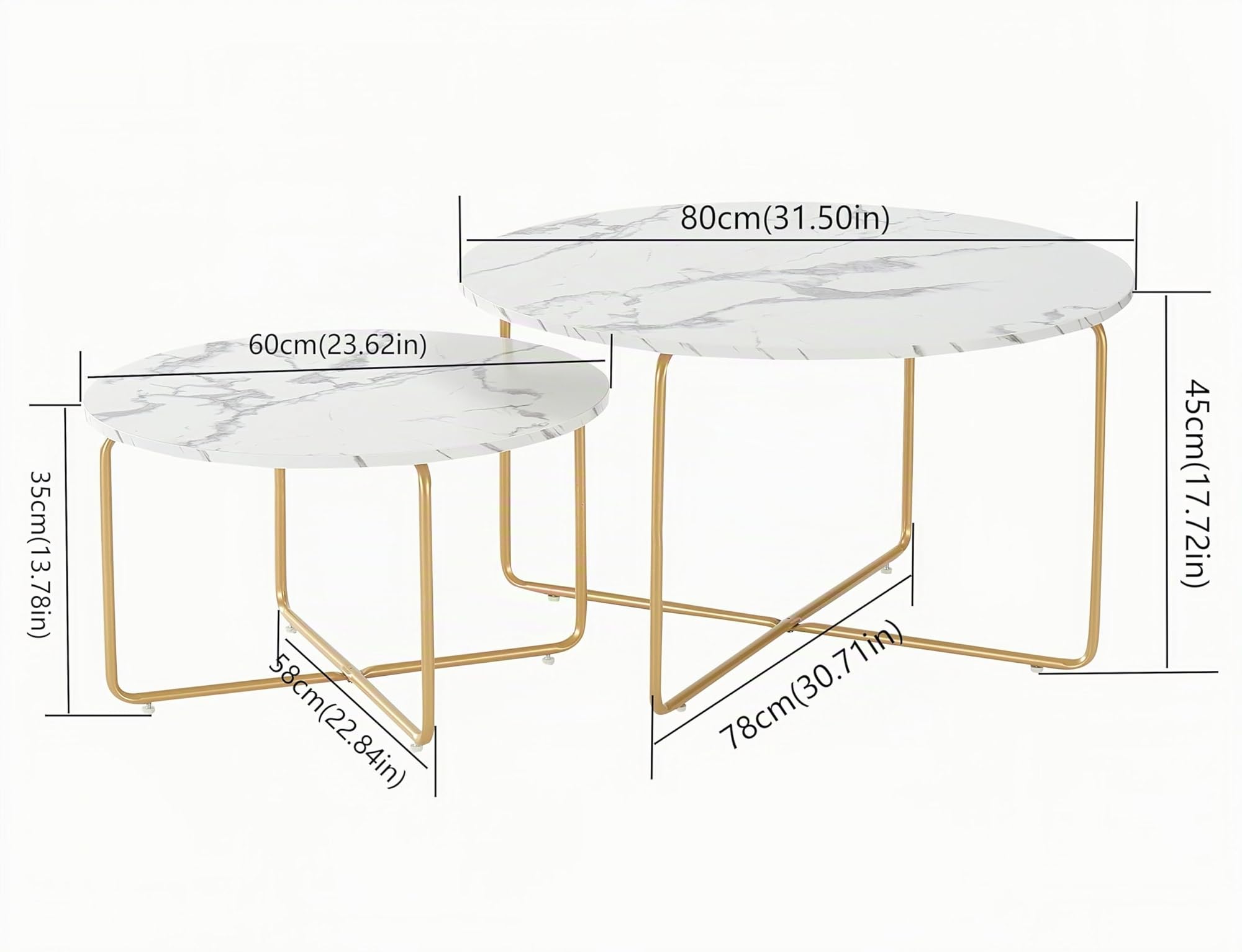 Juego de 2 mesas de Centro gigogne Redondas, imitación de mármol, Estructura de Metal Dorado, Mesa Auxiliar Redonda para salón, salón de té, Oficina