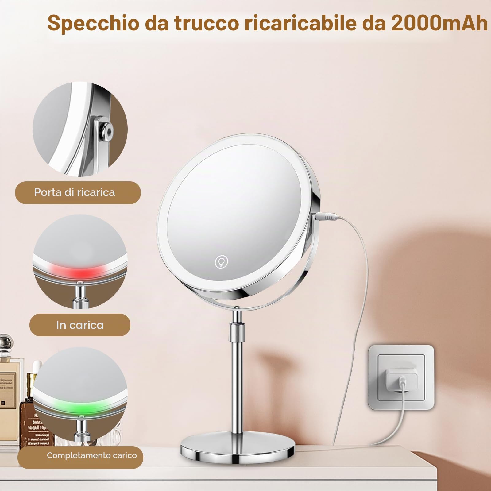 SURFOU Specchio Trucco con Luci 8“ Ricaricabile, Doppia Faccia con Ingranditore 10X/1X, 3 Modalità Luce LED, Altezza Regolabile e Rotazione 360°, per Camera da Letto e Viaggio