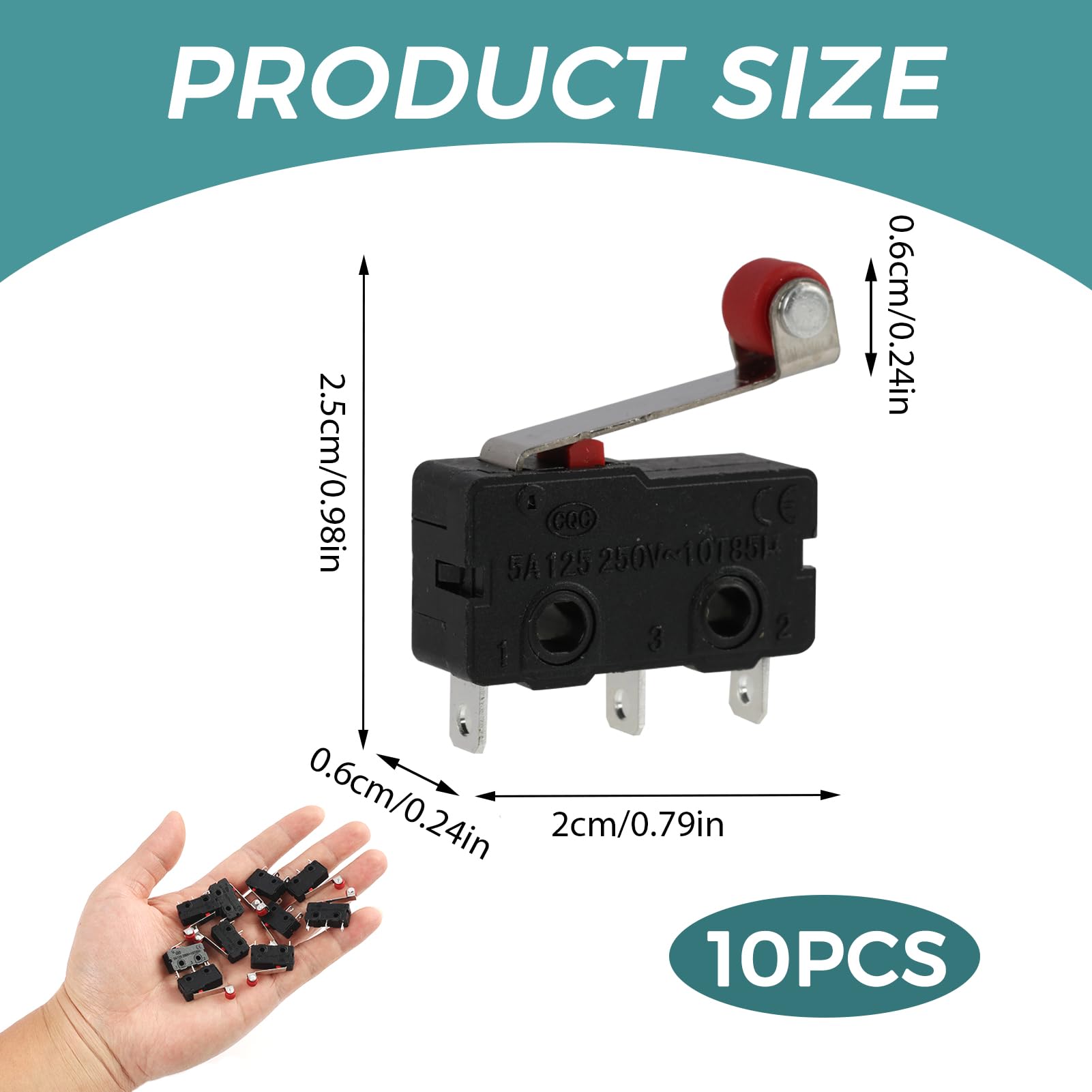 10 Pièces Micro Switch avec Levier à Rouleau, Micro Interrupteur Fin de Course SPDT 250V 5A, Interrupteur 3 Broches COM NO NC, Contacteur Unipolaire Bidirectionnel Miniature pour Automatisation