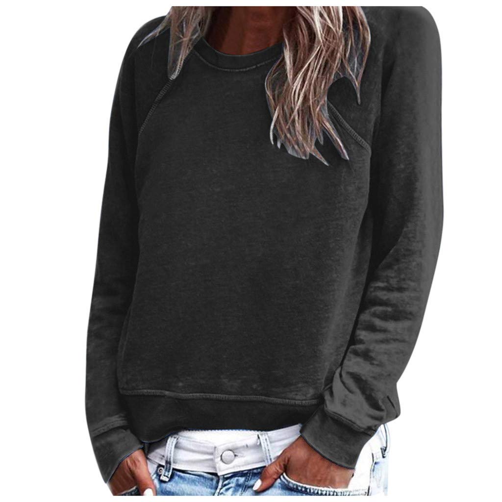 KaloryWee Women Solid Color Sweatshirts Crew Neck Long Sleeve Casual Pullover Ladies Ribbed Trimed Fashion Tops