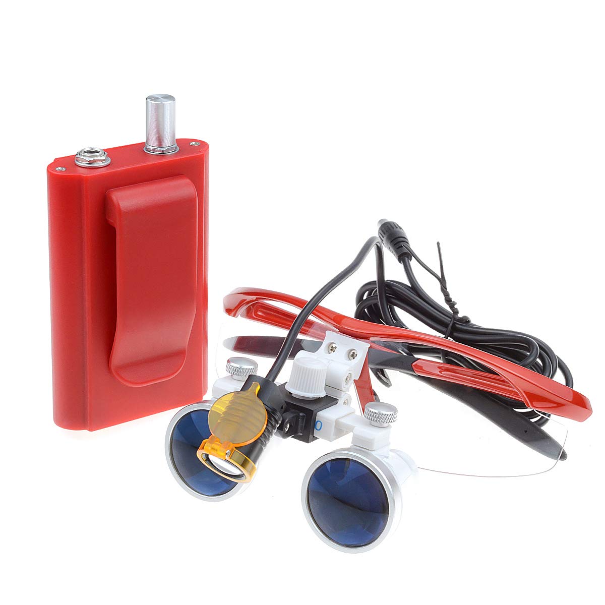 Lupa de 3,5 x 420 mm con faro LED de 3 W, filtro de clip óptico de plástico, gran distancia de trabajo, faro de plástico portátil, caja de aluminio rojo