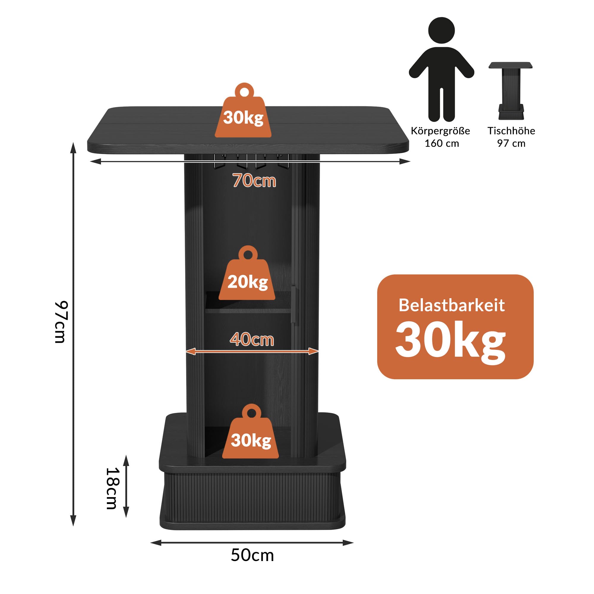 Spanplatte Bartisch Stehtisch Küchentisch, 97x70 x 70 cm Hochtisch, Seiten Tisch mit Stauraum & Weinglashalter, Belastbarkeit 30 kg, für Wohnzimmer Küche Essbereich, Schwarz