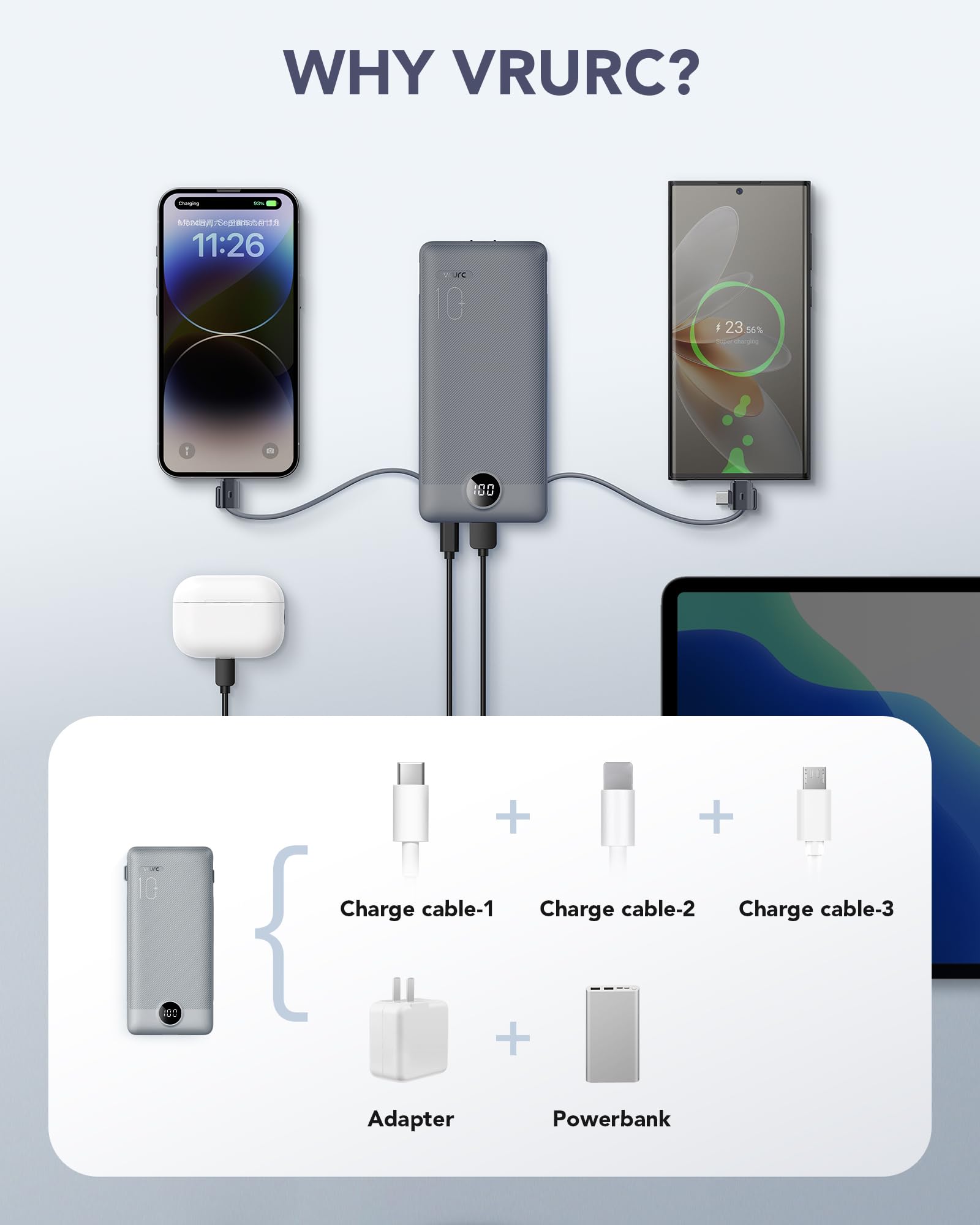 VRURC Portable Charger Built-in Cables and AC Wall Plug, USB C Power Bank 10000mAh, Travel Battery Portable Phone Charger Compact Lightweight External Battery Pack for Smart Phones, Tablets etc-Grey view 5