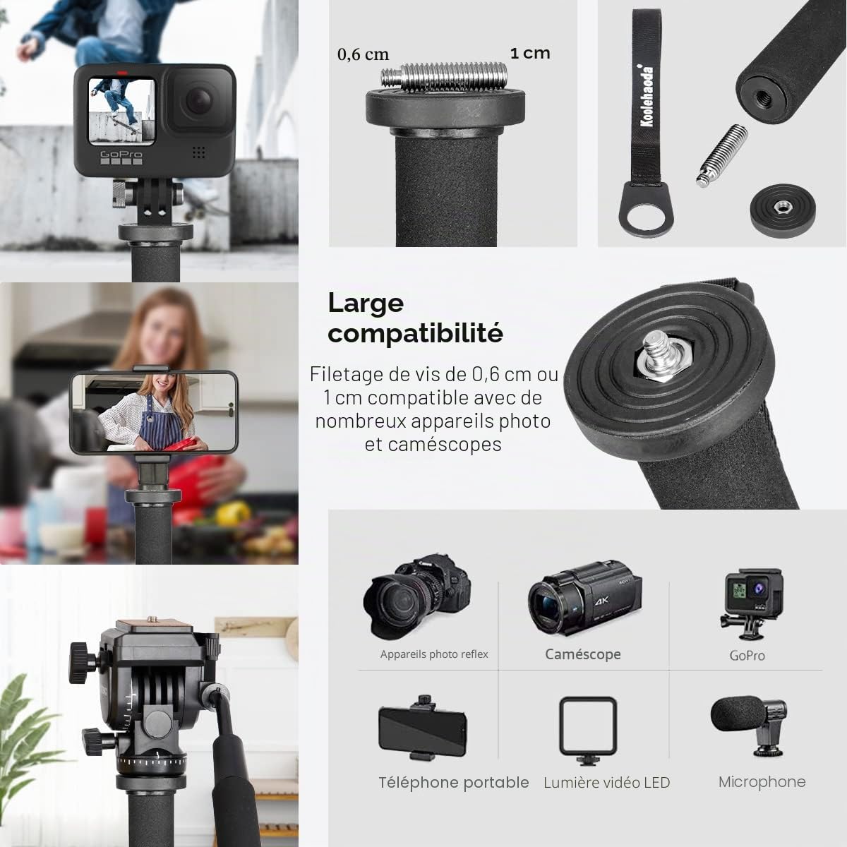 Koolehaoda Monopode Extensible pour Appareil Photo en Alliage d'aluminium avec Base de Support pour trépied, 5 Sections 52 cm-168 cm réglables pour appareils Photo Reflex, Charge utile jusqu'à 7 kg