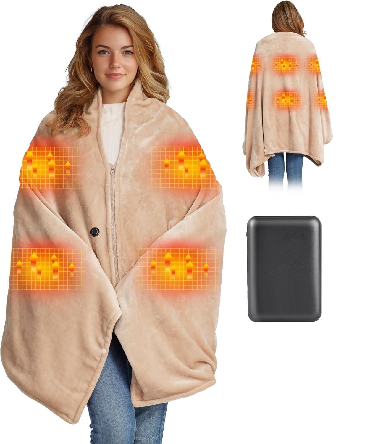 Moteoza Heizdecke Kabellos mit 10000mAh Akku, 160x90cm Elektrische Flanell Wärmedecke Tragbar für Damen & Herren, 3-Stufen-Heizung, Waschbar für Zuhause, Büro, Camping, Khaki