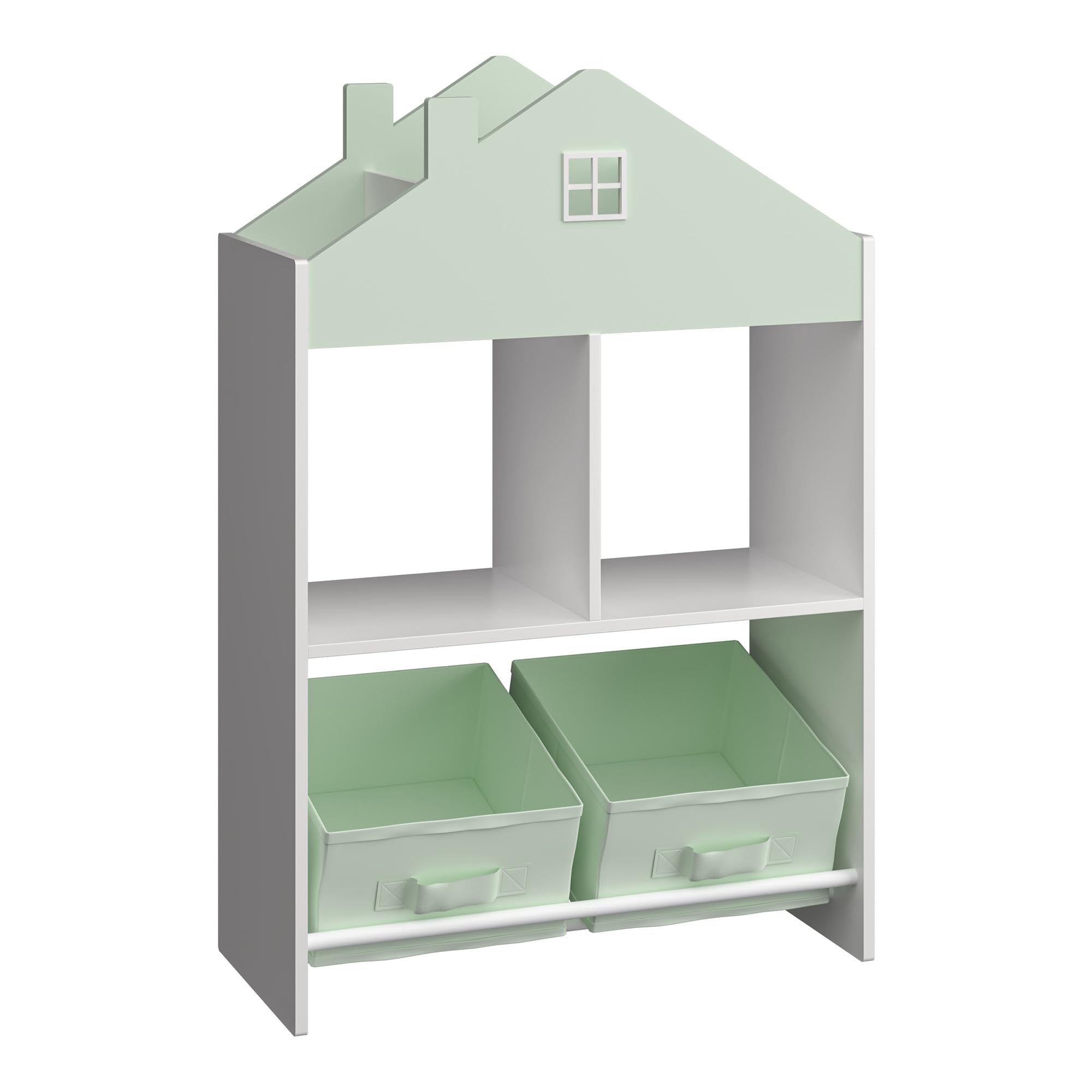 [en.casa] Kinder Bücherregal Vipsali Kinderregal in Hausoptik mit 2 faltbaren Aufbewahrungsboxen Spielzeug Aufbewahrung 90 x 60 x 27 cm Mintgrün/Weiß