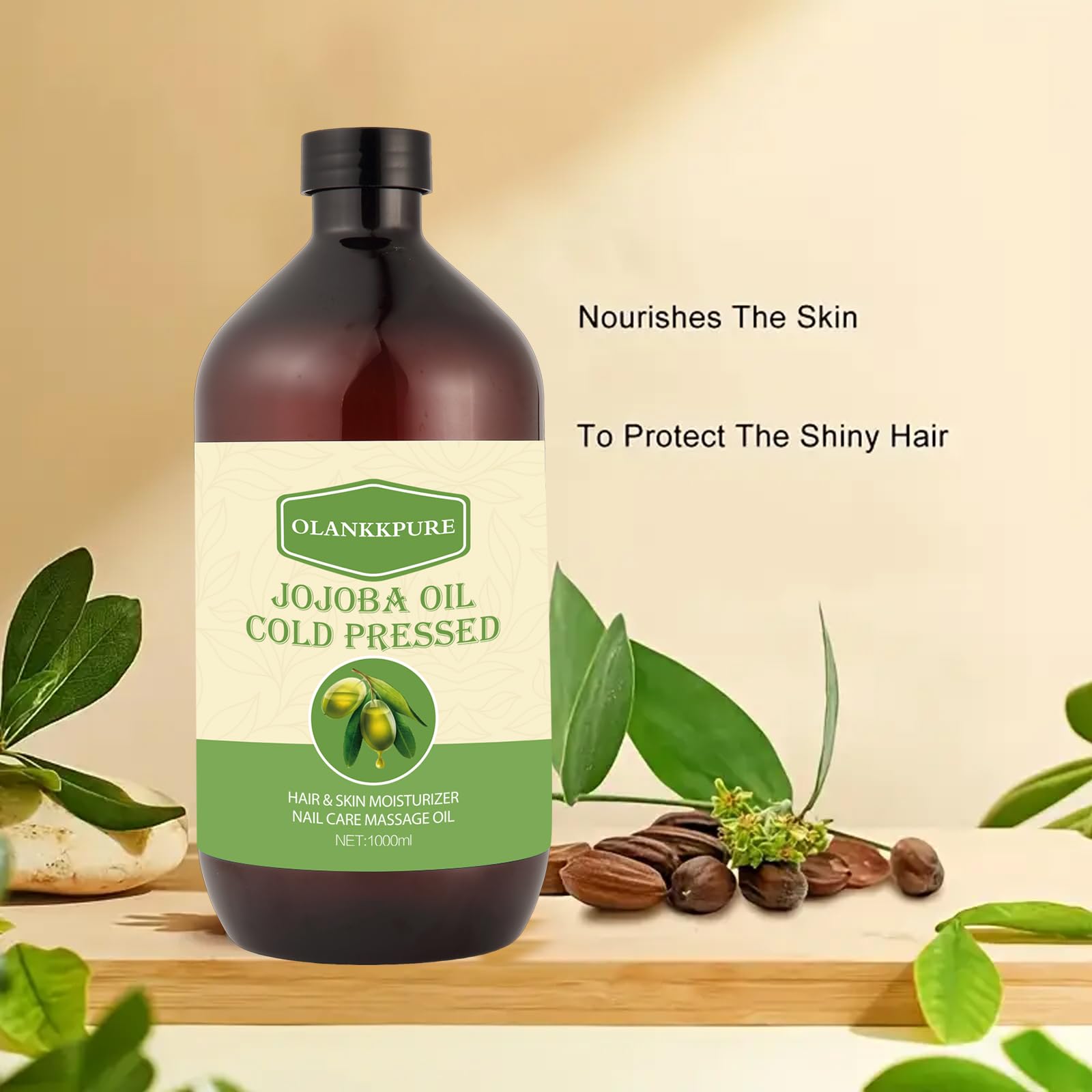 Aceite Portador de Jojoba 100% Puro, sin Refinar, sin Hexano, Prensado en Frío para Piel, Cara, Cabello, Uñas y Masajes, 1000 ml