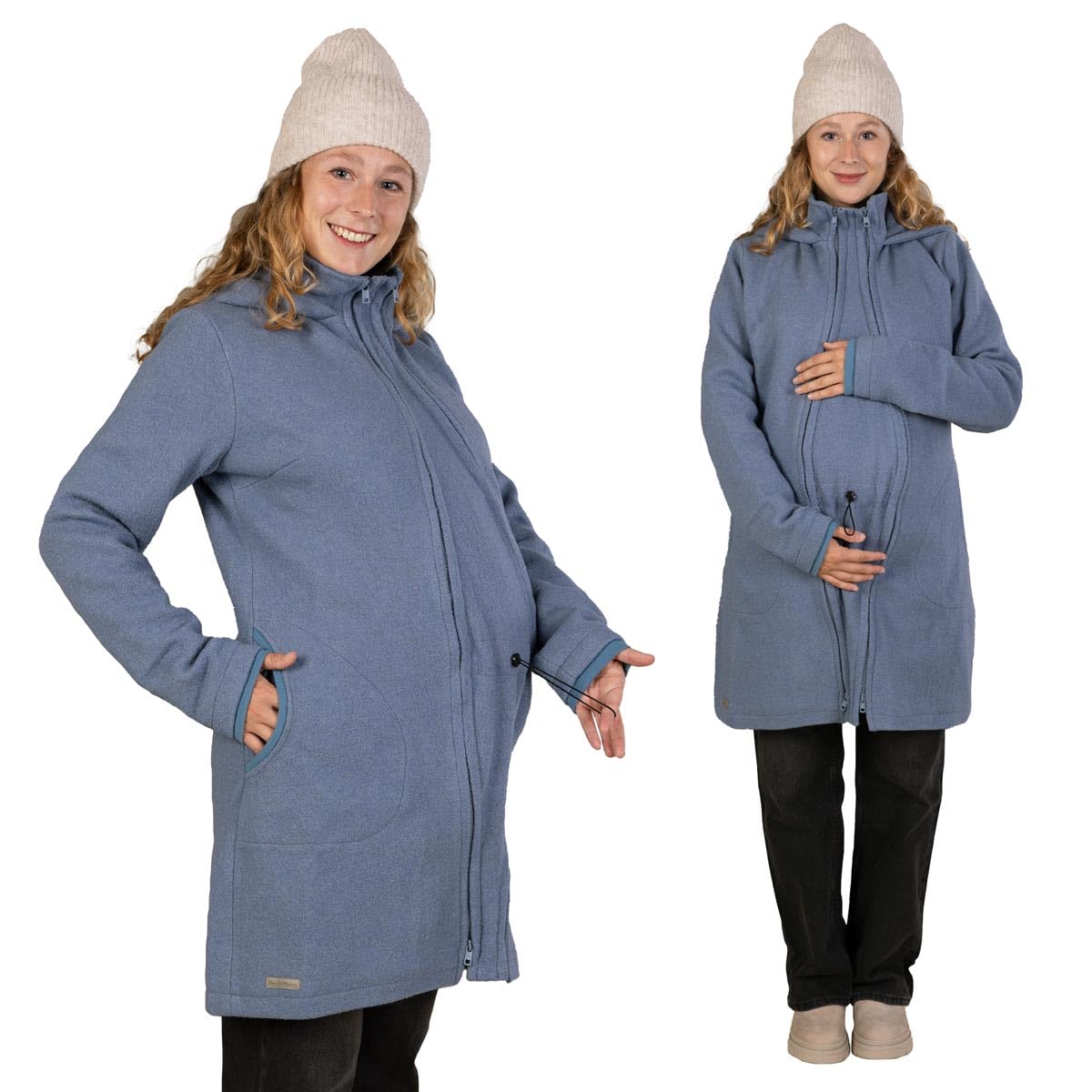 Viva la Mama – Wollmantel für Schwangerschaft & Babytragen vorn & hinten – 4in1 Umstands- und Tragemantel – warme Tragejacke - SMILLA - eisblau - S