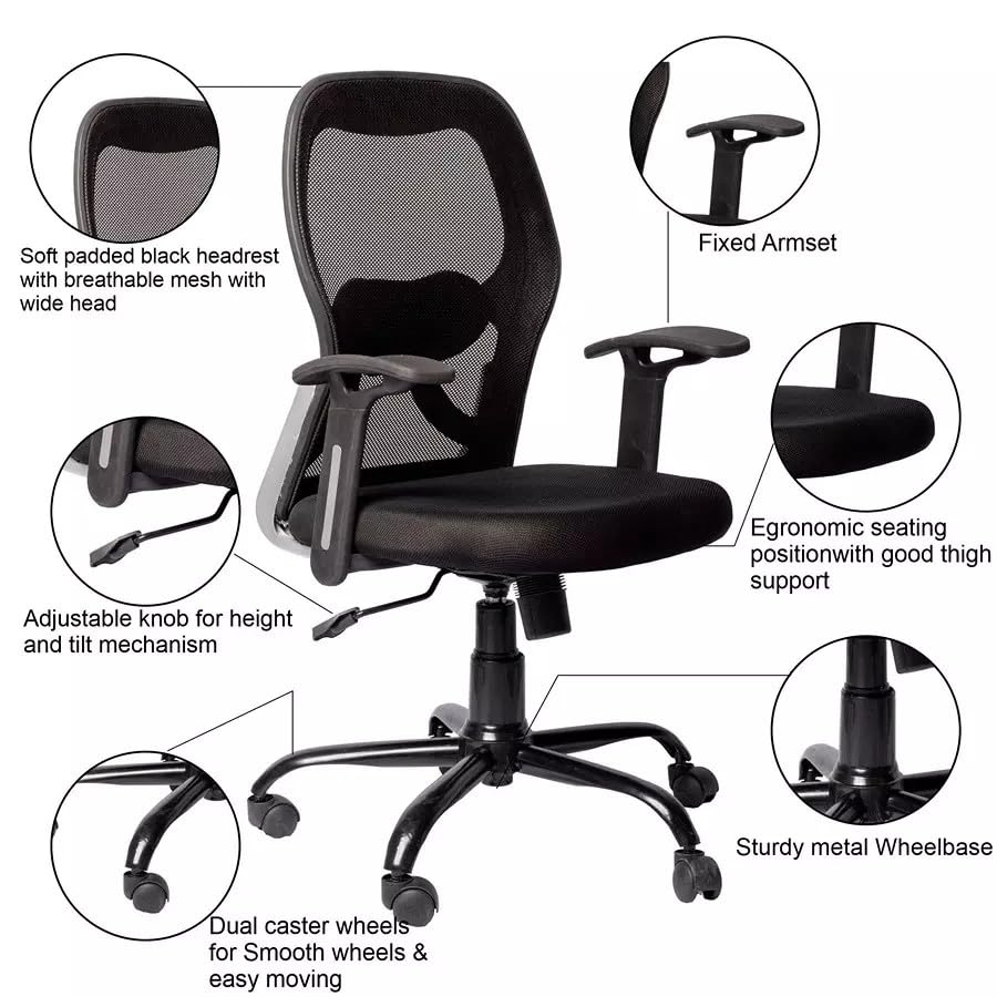 Image of Ergonomic High Back Office Chair with Cushioned Fabric Backrest, Adjustable Height, Padded Seat, Fixed Armrests, 360 Swivel Computer Desk Chair for Home, Office & Study (Black)