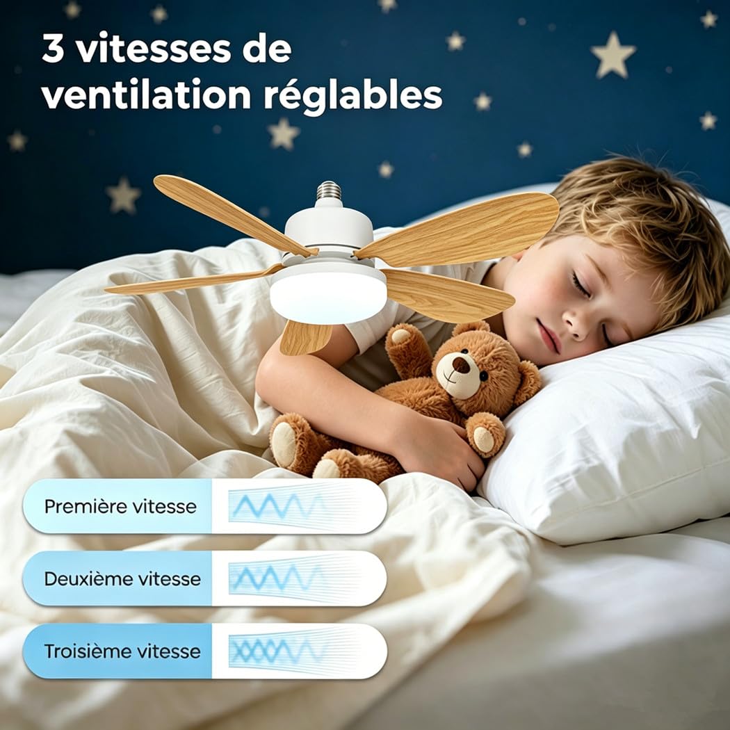 lot de 3 Ventilateur de Plafond avec Lumière et Telecommande, E27/E26 40W Lampe de Ventilateur LED Dimmable Plafonnier Timing, Silencieux, 5 Pales, 3 Vitesses pour Chambre Salon, Bureau
