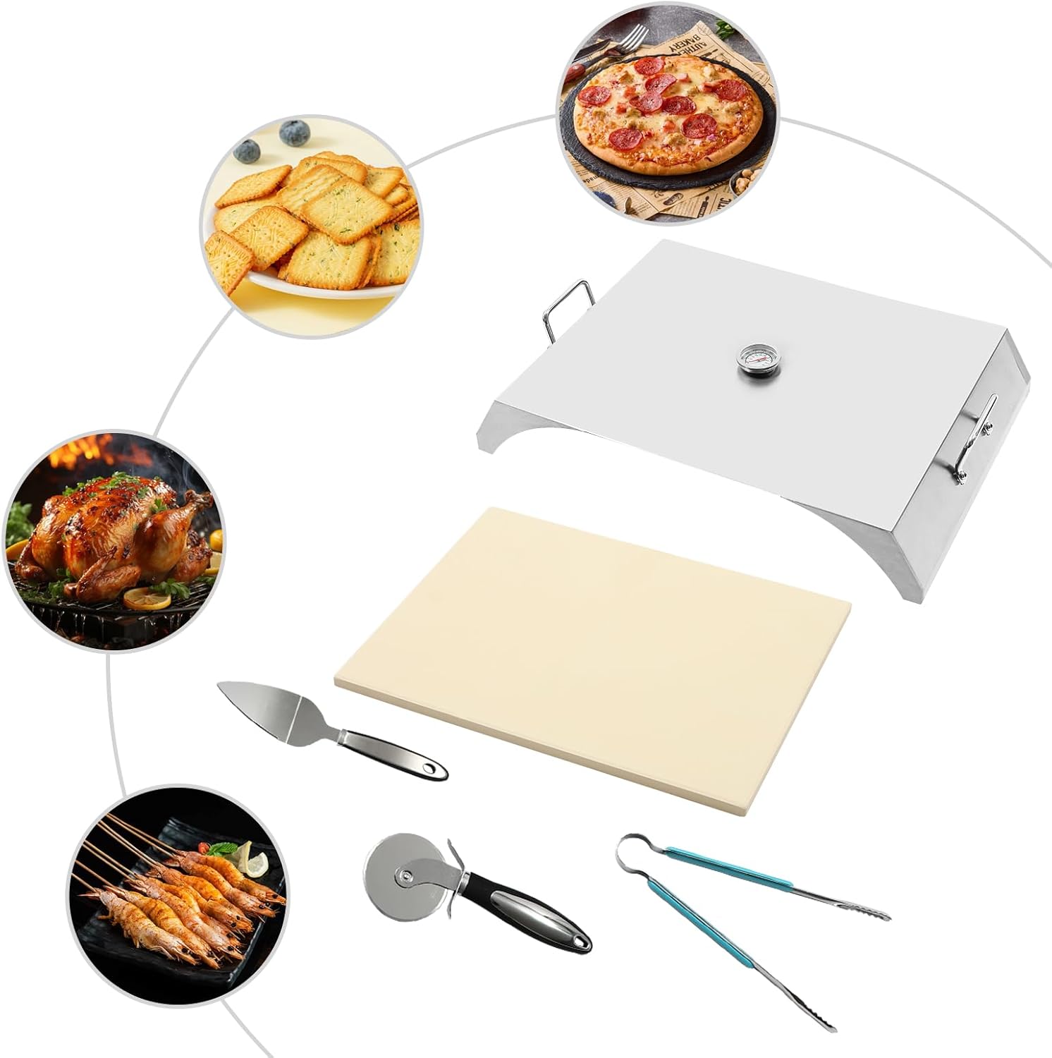 12 Inch Outdoor Pizza Oven with Baking Stone, Portable Camping Pizza Maker for Gas Stove & Campfire, 500°F Max Temp, Includes Thermometer, Pizza Cutter, BBQ Tongs, Stainless Steel & Oak