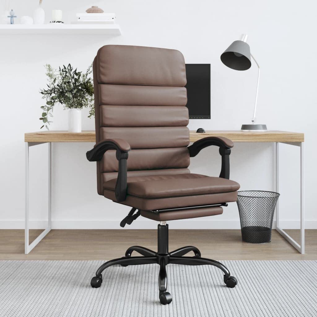 Silla de oficina con función de masaje y respaldo ajustable de piel sintética marrón, silla giratoria con reposabrazos y ruedas, silla de trabajo ergonómica para oficina en casa y oficina