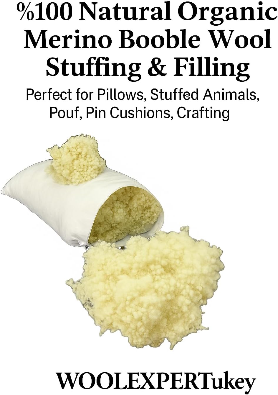 WOOLEXPERTTurkey 100% Merino Booble Wool Stuffing – Organic Natural Wool Filling for DIY Pillows, Toys, Cushions – Soft, Breathable, Hypoallergenic – Light Yellow, Clean and Fluffy Fiber (10 LBS)