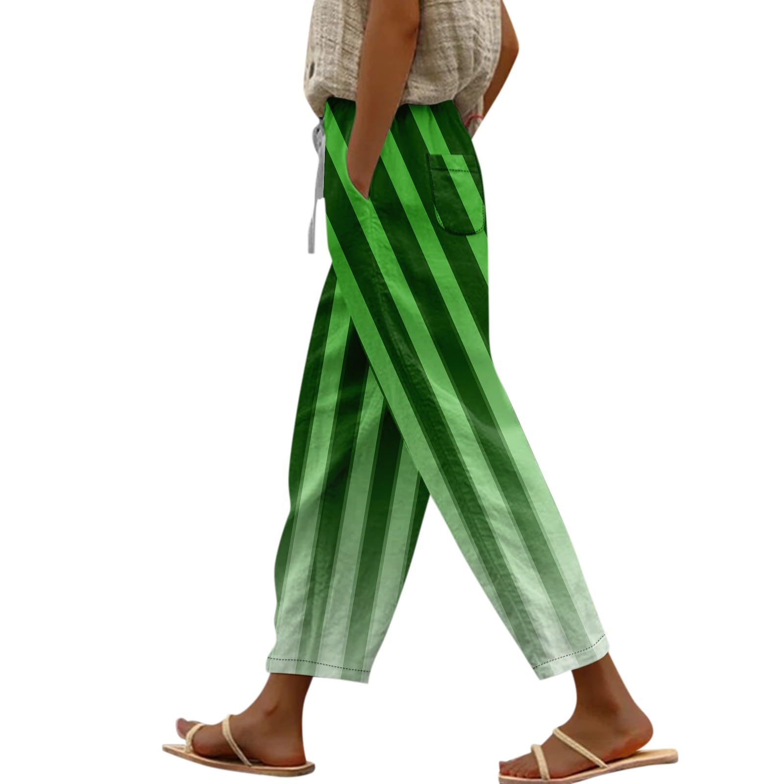 Striped Linen Pants for Women Casual Cropped Drawstring Pants Trendy Fashion Summer Trousers with Pocket Lounge Outfit