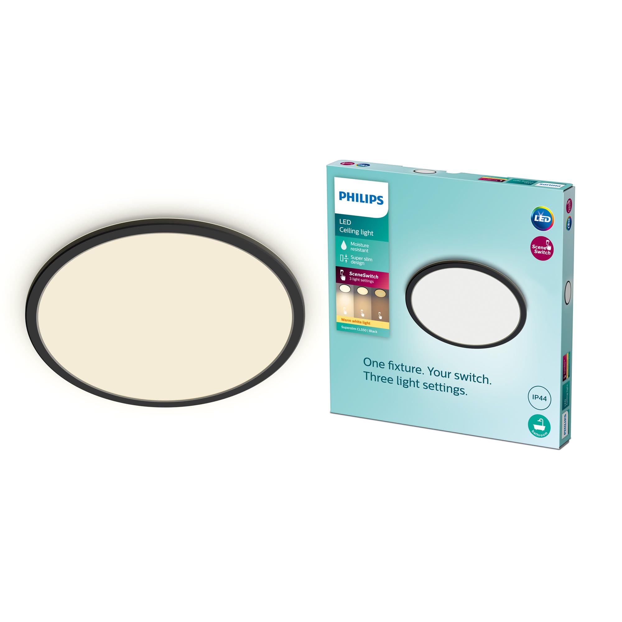 Philips LED Lampada da Soffitto Superslim, 18W, Luce Bianca Calda 2700K, 3 impostazioni di luce - dimmerabile senza dimmer, IP44, Nera