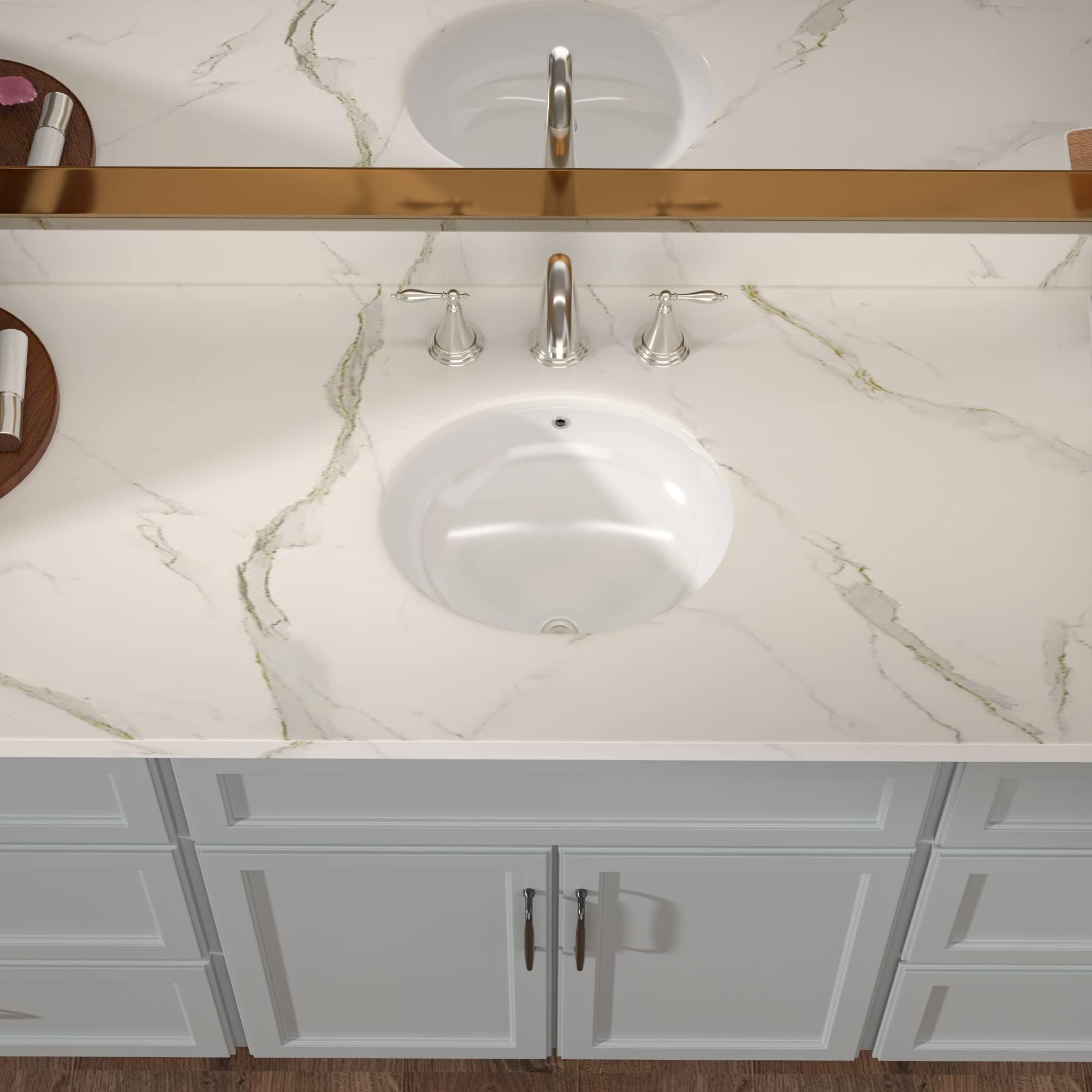 Lordear Fregadero de baño empotrado de 19 x 16 pulgadas (tamaño del cuenco interior: 17.4 x 14.1 pulgadas), lavabo redondo de porcelana blanca de cerámica para baño debajo del mostrador lavabo con