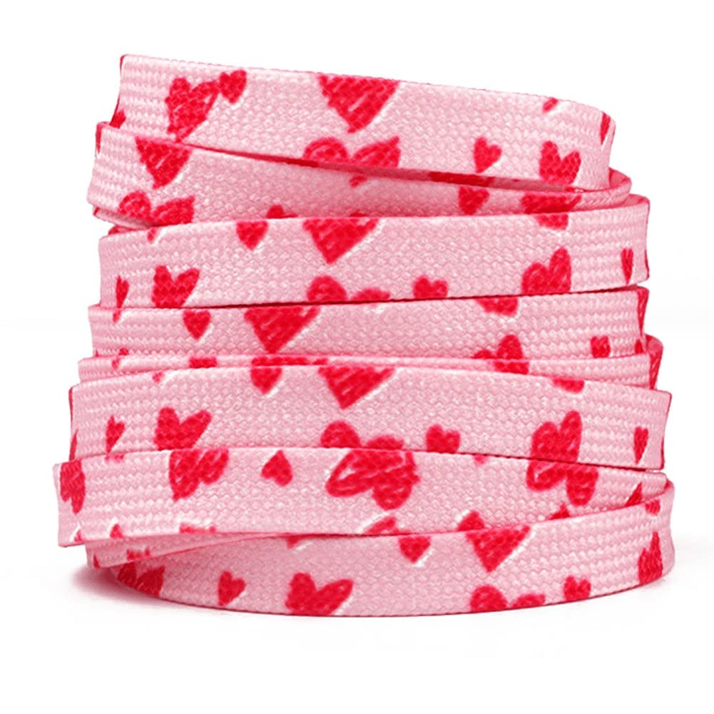 Dinntty Pink Flat Shoelaces Replacement 1 Pair White Heart Shoelaces Colorful Shoestring For Boots Canvas Sneakers