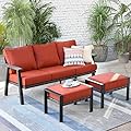 HOOOWOOO Outdoor Patio Seating Furniture Set with 3-Seat Modern Outdoor Wicker Bistro Set Sofa Ottoman Outdoor Couch for All Weather,Orange Red Cushions