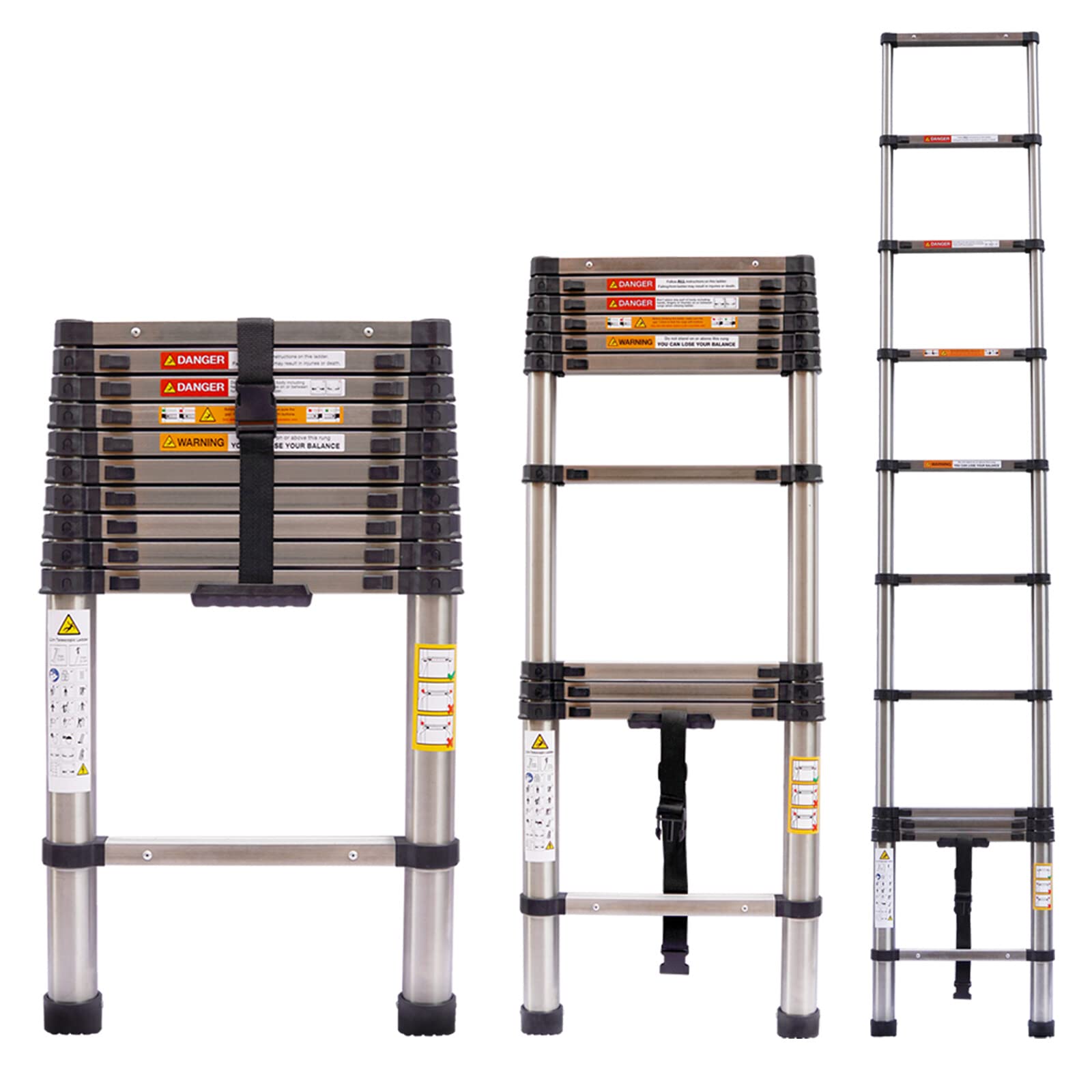 Newest Stainless Steel Telescoping Ladder 10.5FT/3.2M Multi-Purpose Extension Telescopic Ladder 330LB Load Capacity EN131 Safe Standard & CE Registered for Building Maintenance Cleaning Decoration