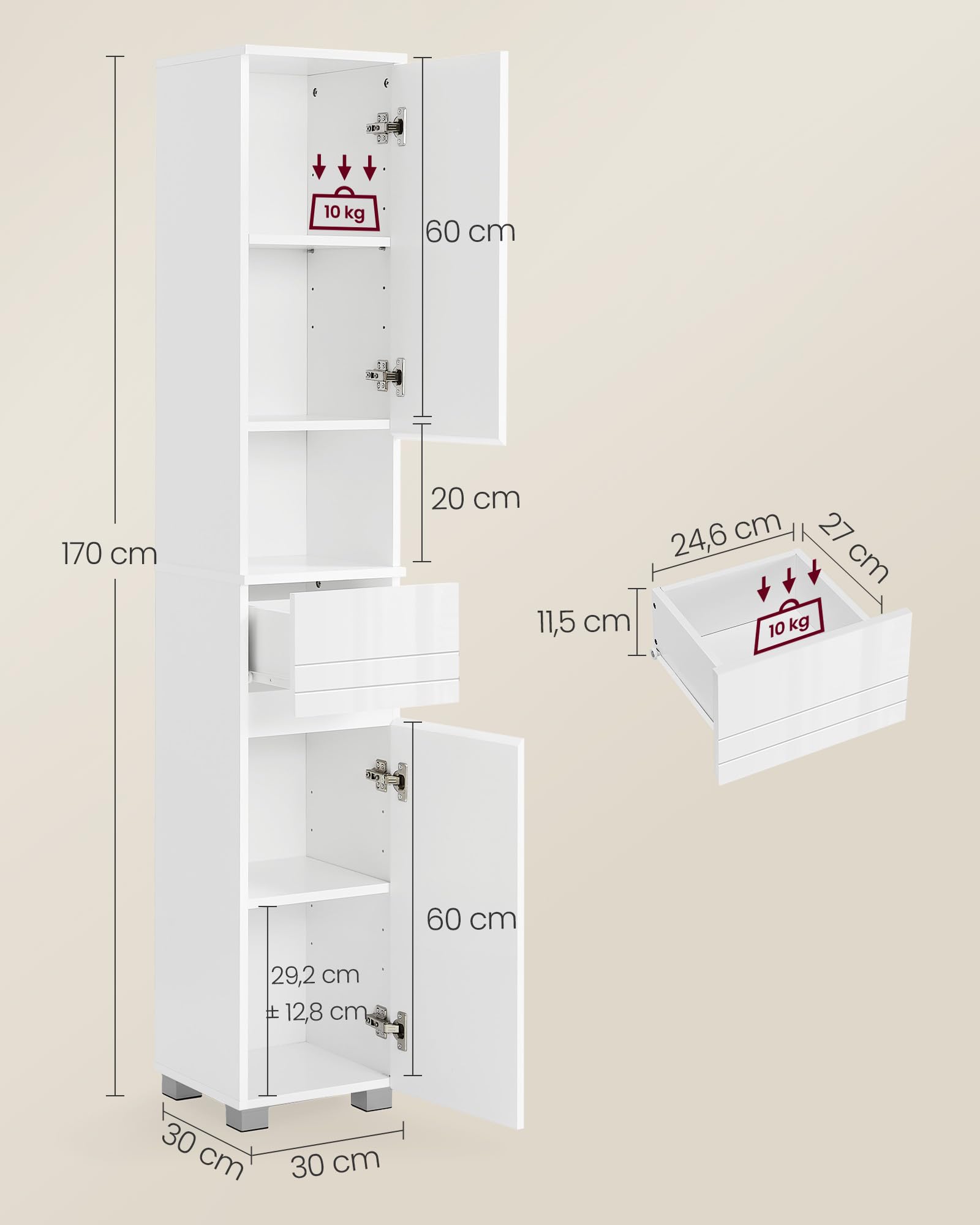 VASAGLE Armario de Baño, Mueble de Almacenamiento, con un Cajón, Compartimientos, Estantes Ajustables, 30 x 30 x 170 cm, Blanco Nube BBC560P31