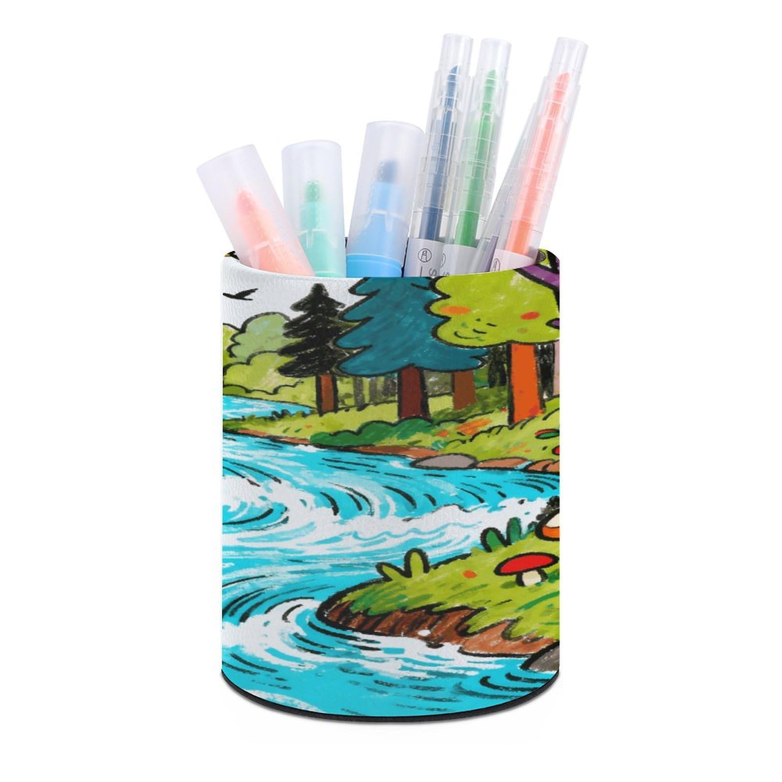 VstaDank Forest River Round Pencil Holder PU Leather Desk Organizer Brush Decoration Holder for Office Desk Home (3.1" x 3.9")