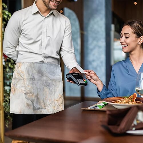 Miniatura 6 de Paquete de 3 delantales de mármol blanco con 3 bolsillos, impermeables, para mujer, media cintura, para cocinar, lavavajillas, cocina, jardinería,