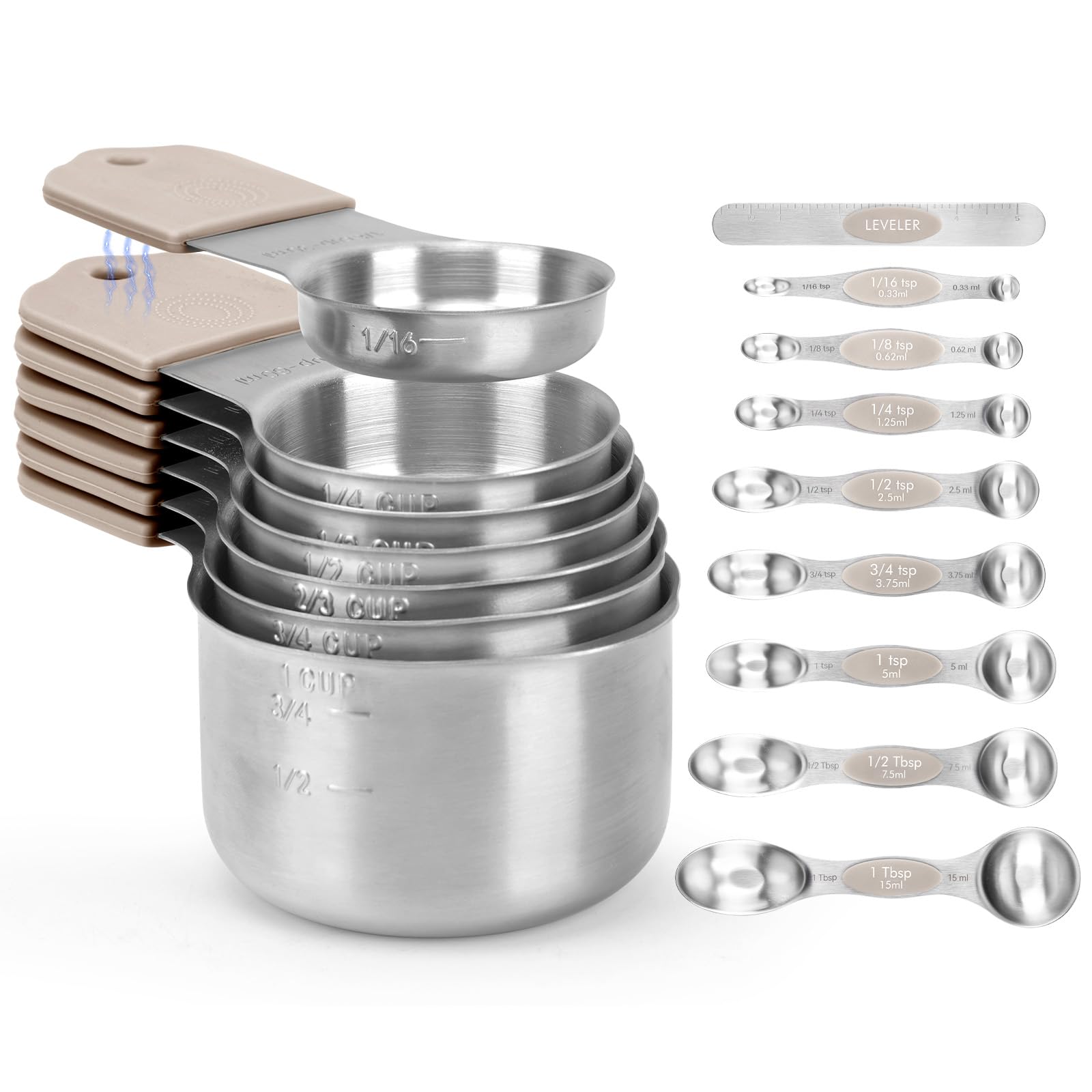 Magnetic Measuring Cups and Spoons Set of 16 with 2-IN-1 Leveler