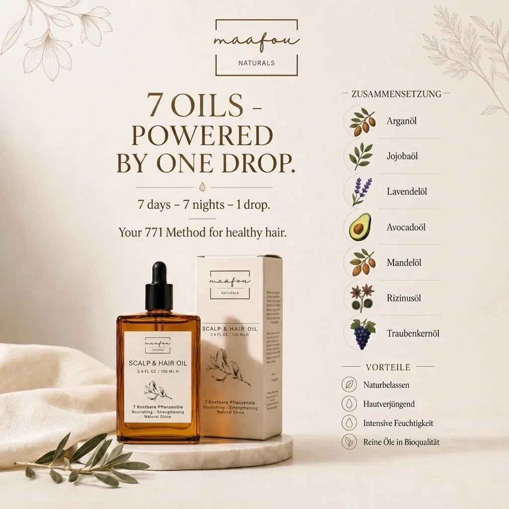 Naturals. SEVEN OILS olejek do włosów i brody (100 ml) – naturalna siła 7 w 1 z olejem rycynowym, olejkiem arganowym i olejkiem jojoba dla wzrostu i połysku włosów – przeciw puszeniu się i