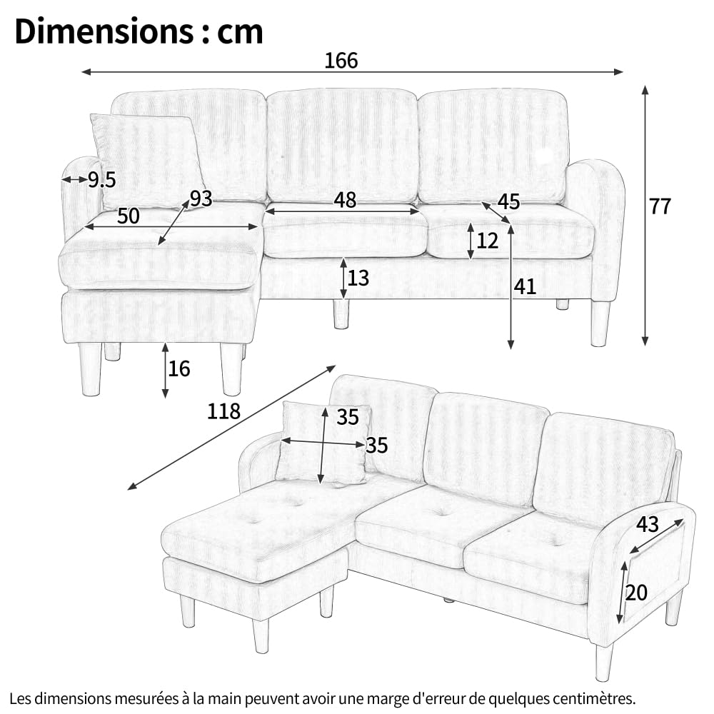 Divano angolare con chaise longue intercambiabili,divano 2-3 posti con 1 cuscino,tasche laterali,Divano imbottito,Gambe per sedie in plastica,design modulare,Velluto a coste,Blu(166x118x77 cm)