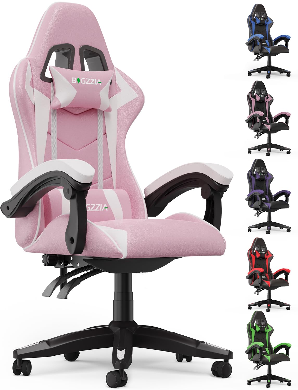 bigzzia Ergonomic Gaming Chair - Gamer Chairs with Lumbar Cushion + Headrest, Height-Adjustable Office & Computer Chair for Adults, Girls, Boys (Without footrest, Pink)