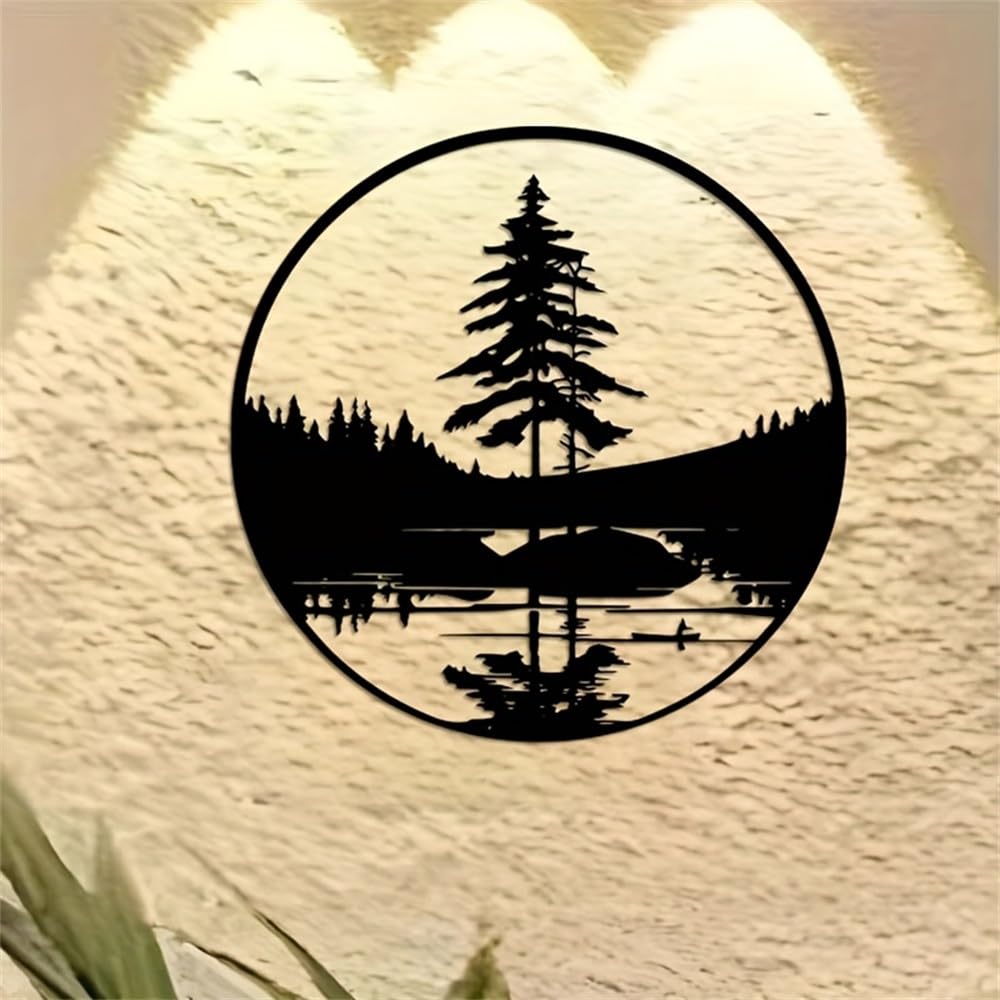 Decoración de pared abstracta contemporánea de metal, escultura de lago y bosque, 40 cm/15,75 pulgadas, arte paisajístico moderno inspirado en la naturaleza para interiores y exteriores, patio y