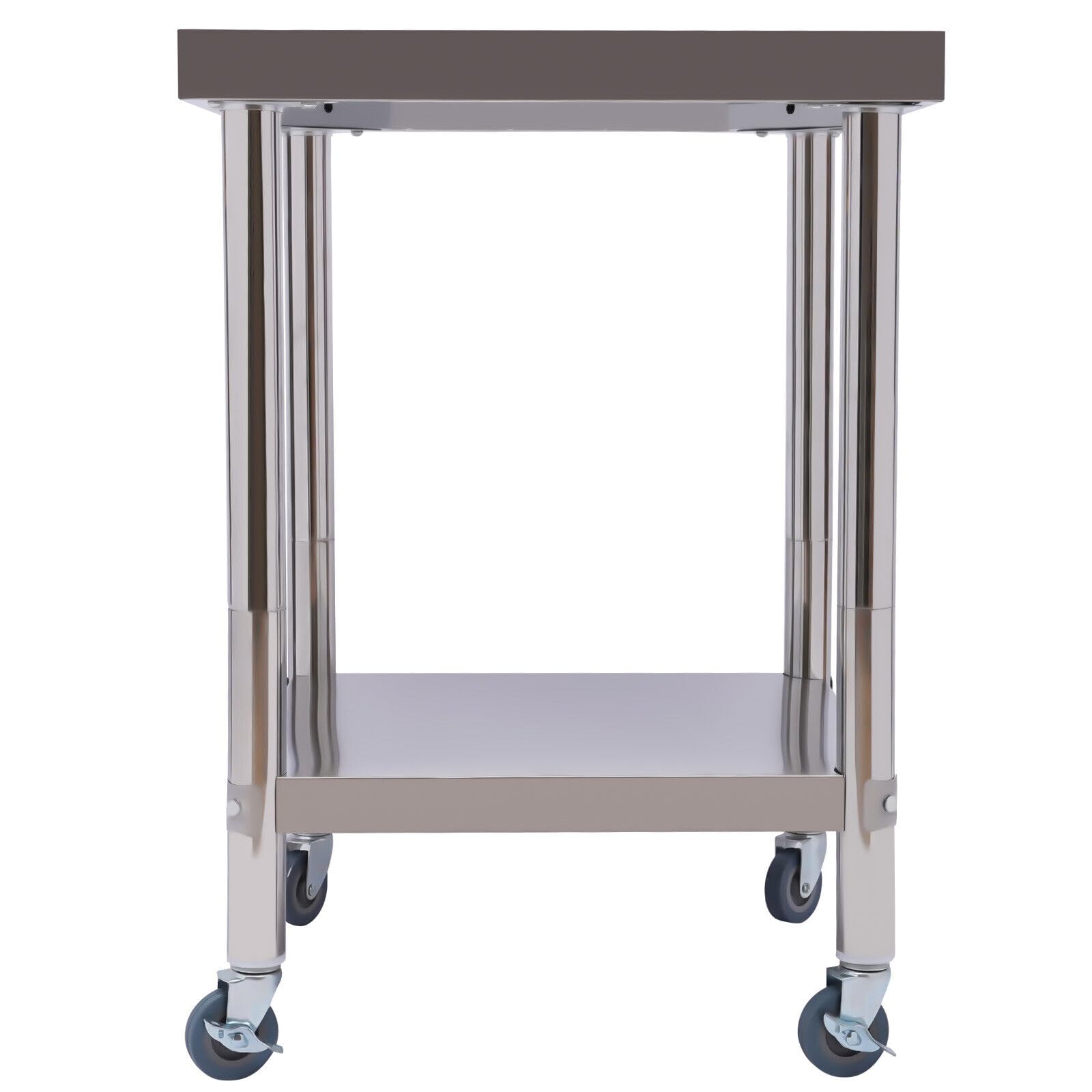 Mesa de cocina, mesa de acero inoxidable, mesa de trabajo, mesa de acero inoxidable, 2 baldas con estante inferior y ruedas, para cocinas, hoteles, panaderías, restaurantes, 60 x 60 x 85 cm