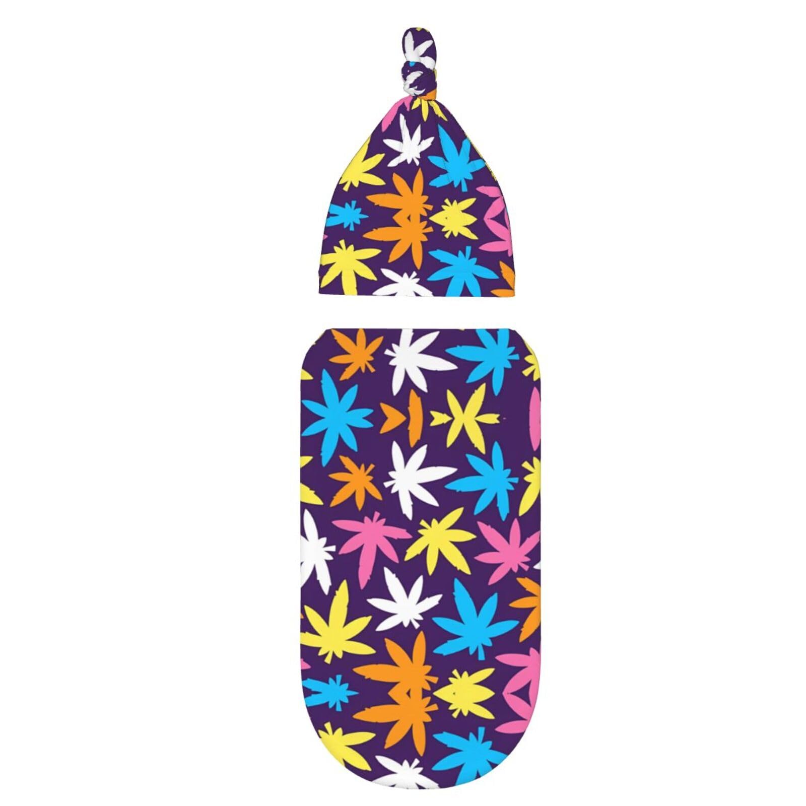 BLWSLC Bright Colorful Weed Pattern Newborn swaddle bag set, baby receiving blanket with hood, suitable for babies 0-6 months