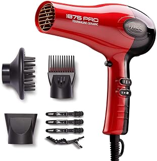 KISS 1875 Watt Pro Tourmaline Ceramic Hair Dryer, 3 Heat Settings, 2 Speed Slide Switch, Cool Shot Button, 2 Detangler Combs, 1 Concentrator, 1 Diffuser, Removable Filter Cap & 4 Sectioning Clips