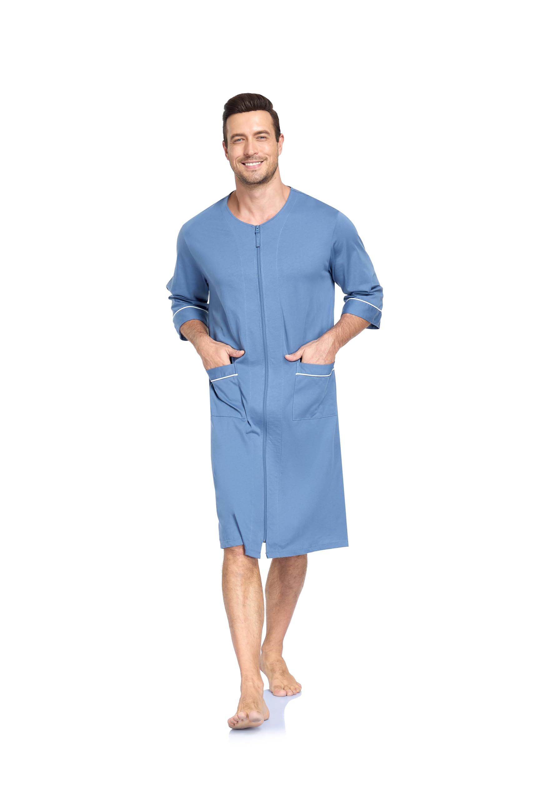 EA'S SECRET Herren 100% Baumwolle Morgenmantel Weicher Reißverschluss Bademantel Kurzarm Sommer Kimono Hausmantel Mit Taschen