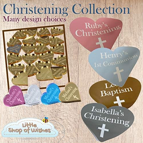 Christening Favours Personalised Decorations Personalised Cross & Heart Gifts & Keepsakes for Boys or Girls - Ideal Table Confetti Venue Decor (2cm, 3cm or 4cm) Blue Mirror Acrylic)