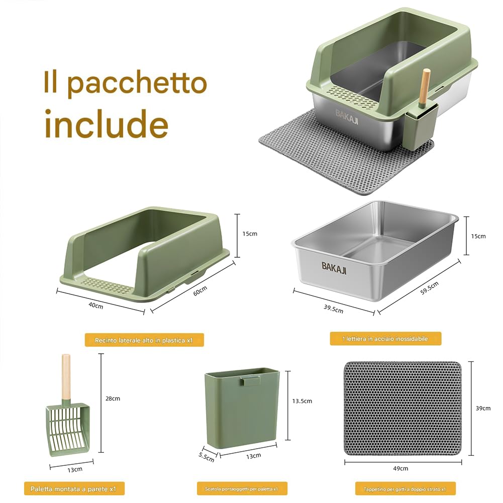 BAKAJI XXL offene Katzentoilette mit Stahlbasis mit sandabweisendem Rand, Schaufel und Behälter, schmutzabweisende Matte, rutschfeste Unterseite, Fassungsvermögen 35 l, 60 x 40 x 30 cm