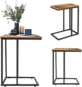 C Shaped Sofa Side Table, Steel +MDF Frame Under Sofa Table with Adjustable Feet, Slim Narrow Couch Side Tables Slide Under Sofa Bed, Snack Tray Table for Coffee Laptop in Living Room, 51x35x62cm