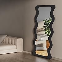 Vista 3 de Espejo ondulado de 65 x 24 pulgadas, espejo de longitud completa con marco de madera, espejo de piso, espejo de pared irregular, para colgar