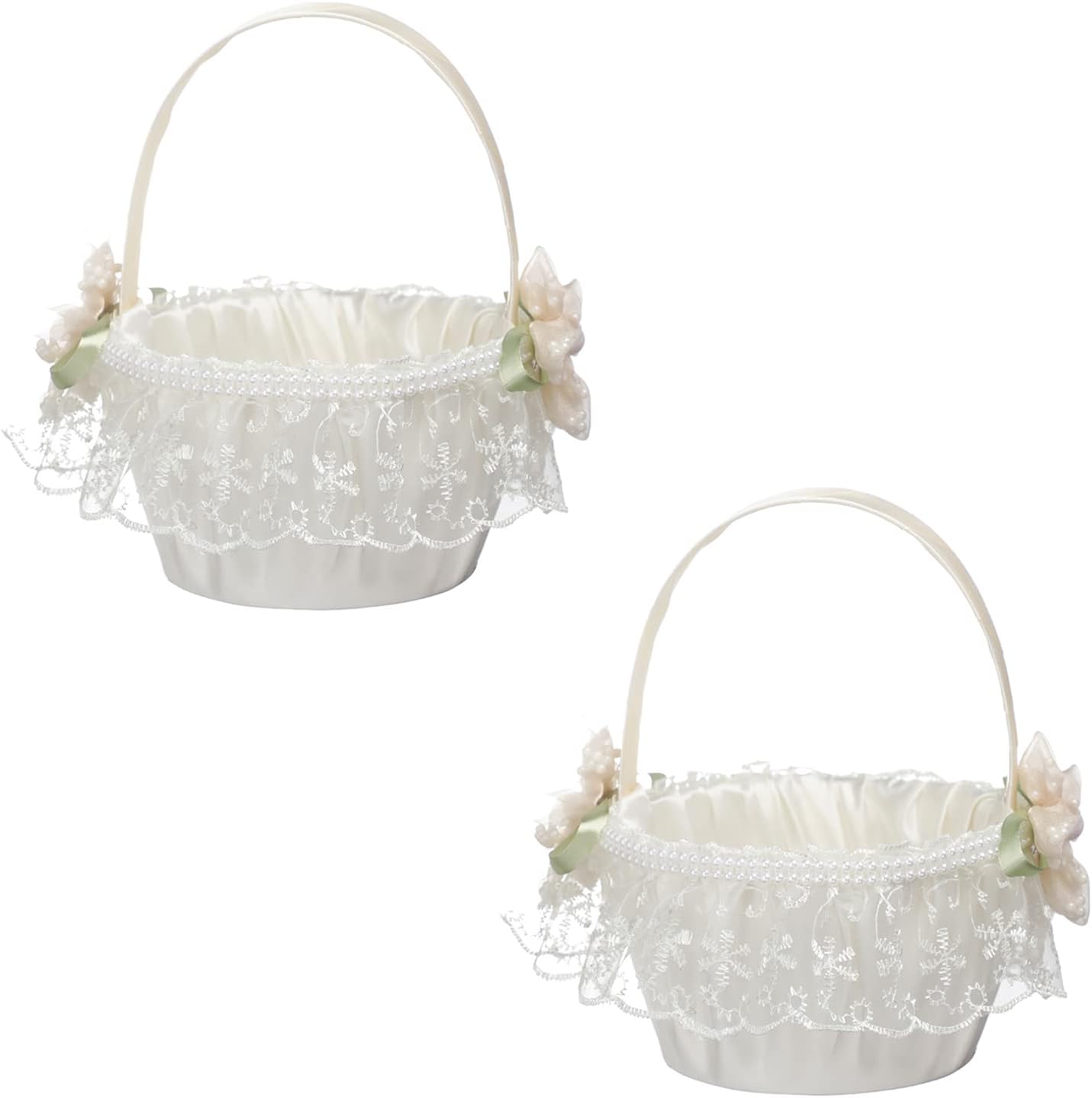 FQQWEE 2 Pcs Small Flower Girl Basket for Weddings Ivory Flower Girl Basket Decorated with Lace Pearl Satin Flower Wedding Basket for Flower Girl Rustic Wedding Flower Girl Basket Ceremony Decor
