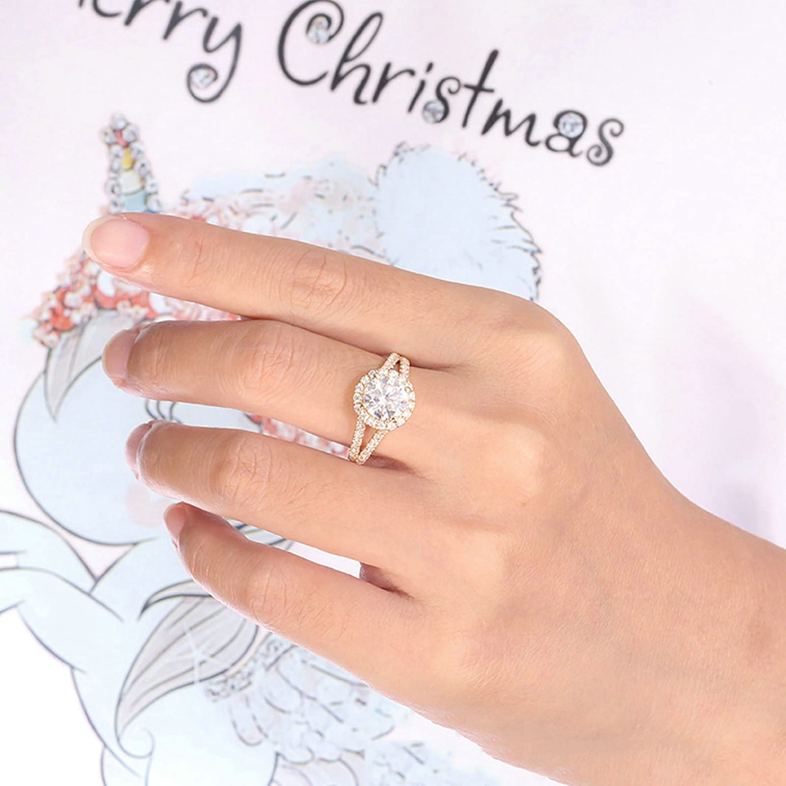 Anillos de boda para mujer, anillo de compromiso de oro de 18 quilates para ella, halo hueco de 4 puntas, moissanita redonda, anillo de compromiso de oro de 2 quilates